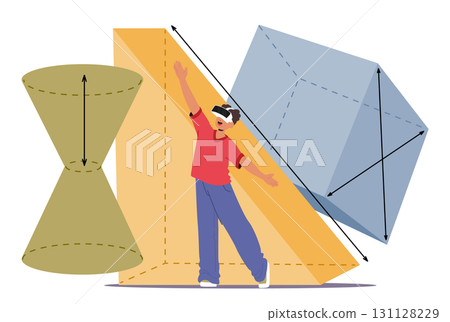 Elementary age student wearing virtual reality glasses studying geometry lesson in cyberspace 131128229