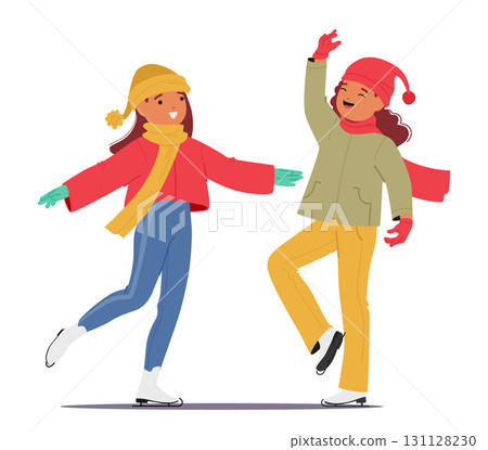 Overjoyed girl best friends cartoon characters wearing winter clothes enjoying ice skating together 131128230