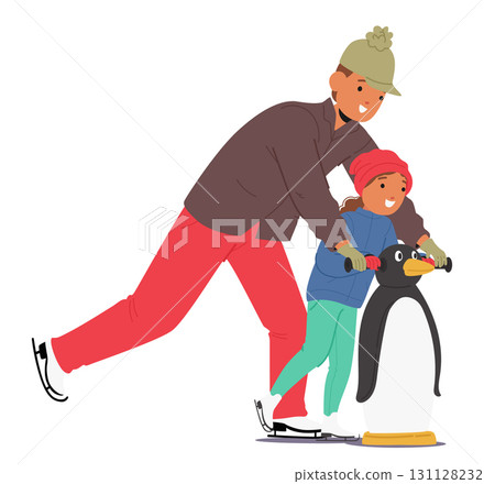 Father teaching little daughter ice skating using penguin support isolated on white background 131128232
