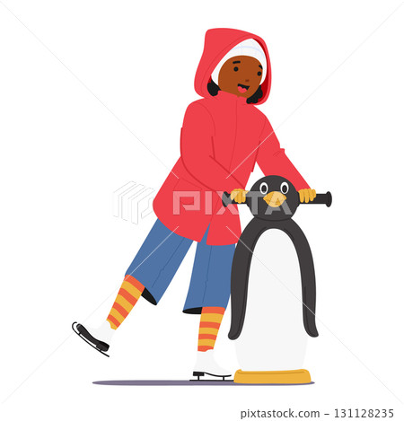 Overjoyed little girl child cartoon character wearing warm clothes ice skating with penguin support 131128235