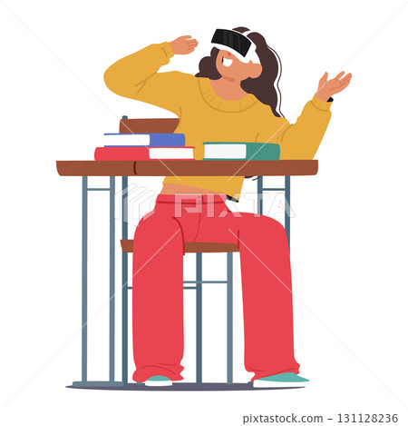 Inspired girl student cartoon character wearing VR glasses at classroom desk isolated on white Inspired girl student cartoon character wearing VR glasses at classroom desk isolated on white 131128236