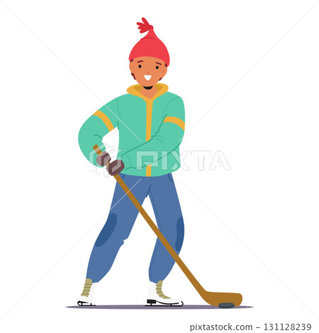 Little boy child cartoon character dressed in winter outwear enjoying playing hokey on ice rink Little boy child cartoon character dressed in winter outwear enjoying playing hokey on ice rink 131128239