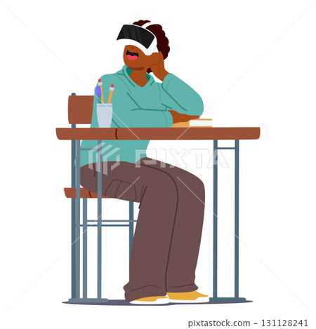 Boy student character wearing virtual reality goggles making amusing discovery at school lesson Boy student character wearing virtual reality goggles making amusing discovery at school lesson 131128241