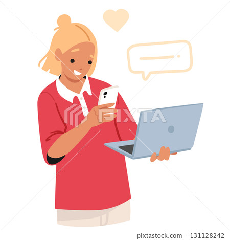 Cartoon portrait of cute girl teenager studying using smartphone and laptop computer gadgets 131128242