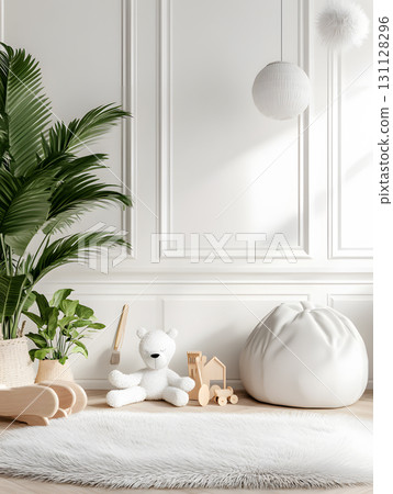 Kids room background for zoom calls. Creative Scandinavian interior. Minimalistic white design 131128296