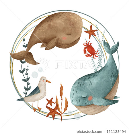 Whimsical and Enchanting Ocean Creatures Featuring Starfish and Lush Seaweed Around Them 131128494