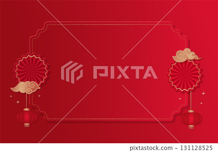 Chinese new year 2026 empty background with place for text. Red backdrop for show product. Greeting card template. China frame with lantern and gold clouds on red background. 131128525