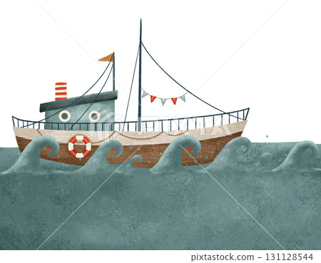 Charming Animated Cartoon Tugboat Sailing Merrily Through Colorful Waves of the Sea Charming Animated Cartoon Tugboat Sailing Merrily Through Colorful Waves of the Sea 131128544