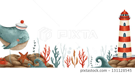 A Whimsical Underwater Scene featuring a Whale interacting with a Lighthouse nearby A Whimsical Underwater Scene featuring a Whale interacting with a Lighthouse nearby 131128545