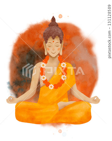 An Illustration of a Meditative Buddha Depicted in Bright and Vibrant Colors and Hues 131128589