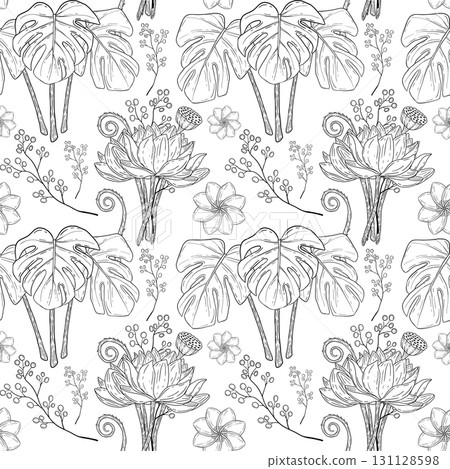 Stunning Botanical Line Art Pattern featuring Lotus Flowers and Vibrant Leaves with Elegance 131128598