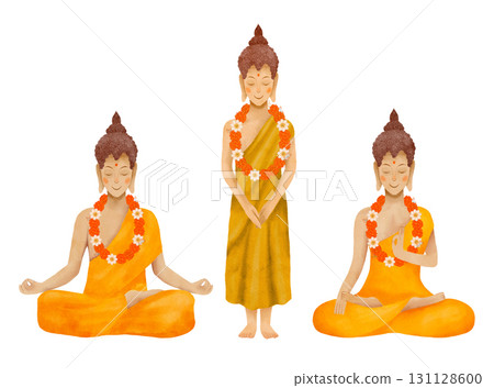 Buddhist figures in traditional attire embodying peace and calmness through their poses Buddhist figures in traditional attire embodying peace and calmness through their poses 131128600