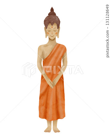 An Elegant Illustrated Buddha Figure Adorned in a Vibrant Orange Robe, Radiating Peacefulness 131128649