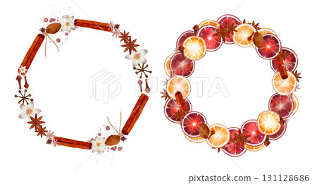 Colorful, Festive Holiday Wreaths adorned with Cinnamon Sticks and Fresh Oranges 131128686