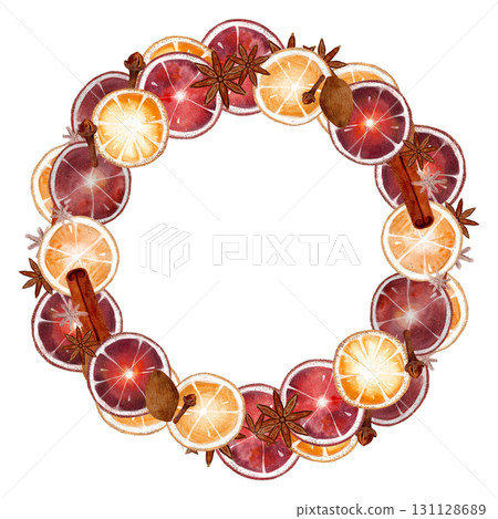 A beautifully crafted Citrus Fruit Wreath featuring Cinnamon and Anise for decoration purposes 131128689