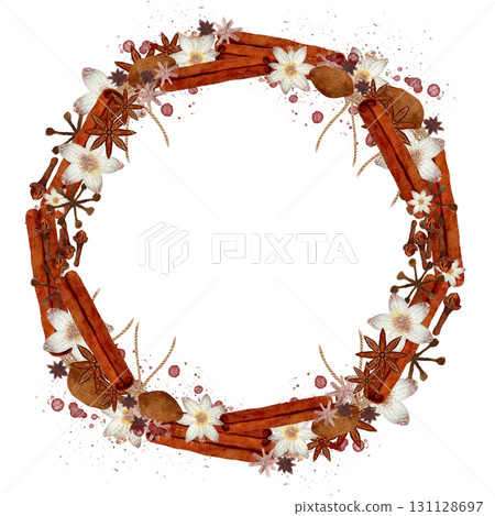 An Ornate Circle design of Spices and Flowers, showcasing aromatic beauty and creativity 131128697
