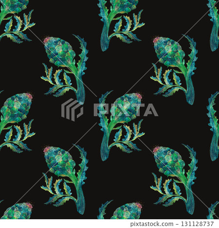 A Stunning and Vibrant Floral Pattern Featuring Green Artichokes Set Against a Black Background 131128737