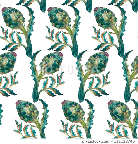 Stunning botanical pattern with colorful artichokes and vibrant green leaves, uniquely beautiful 131128740