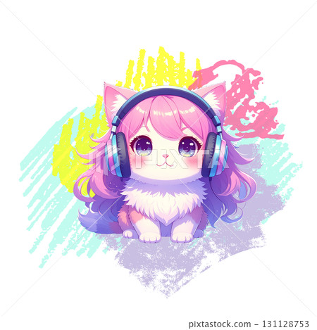 A colorful illustration of a cat character wearing headphones, backpainted 131128753