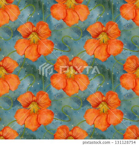Watercolor seamless pattern of Orange Nasturtium flowers captures natures artistic essence Watercolor seamless pattern of Orange Nasturtium flowers captures natures artistic essence 131128754
