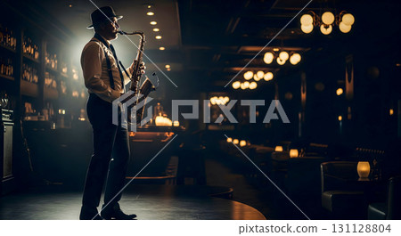 Jazz Musician Playing Saxophone in Cozy Bar 131128804