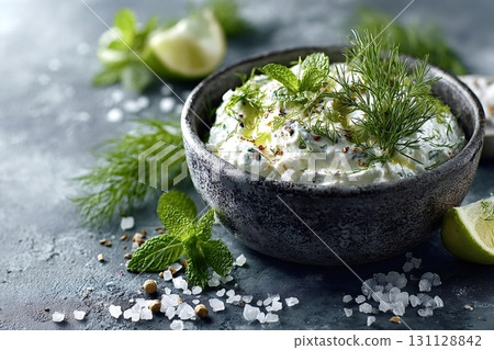 Bowl of tzatziki decorated with fresh herbs and spices 131128842