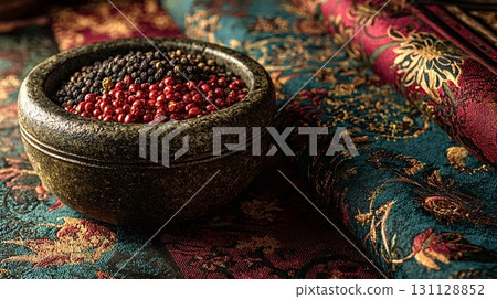 Stone mortar containing black and pink peppercorns resting on decorative fabric 131128852
