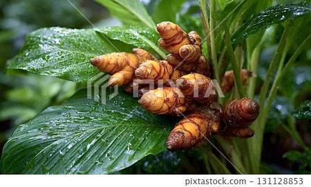 Turmeric rhizomes growing on plant with lush green leaves 131128853