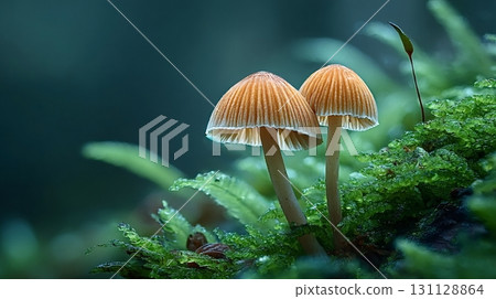 Two tiny mushrooms growing on moss in a magical forest Two tiny mushrooms growing on moss in a magical forest 131128864