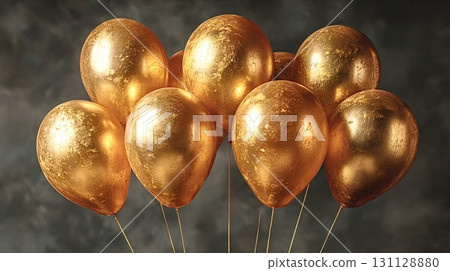 Golden balloons floating on a dark background representing celebration 131128880