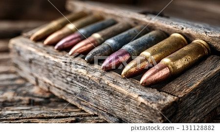 Rifle bullets resting in wooden box on table 131128882