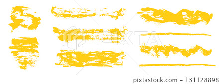 Artistic set of grunge hand painted isolated bright mustard yellow ink textured brush strokes. Unique abstract crayon pencils drawing squiggles, scribble and scratches for graphic design Artistic set of grunge hand painted isolated bright mustard yellow ink textured brush strokes. Unique abstract crayon pencils drawing squiggles, scribble and scratches for graphic design 131128898