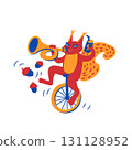 Colorful cartoon vector of a squirrel on a unicycle, blowing a trumpet, holding a bottle, with acorns falling, playful and humorous animal illustration. Isolated on a white background  131128952
