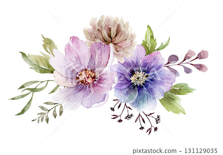 Bouquet of pink and lilac flowers, hand-drawn watercolor illustration 131129035