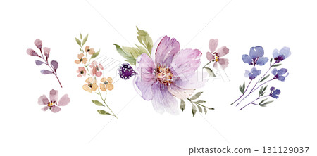 Botanical watercolor set of flowers and plants. Hand-drawn illustration. 131129037