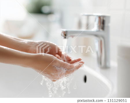 Hands rinsing under clean running water in bathroom sink 131129051