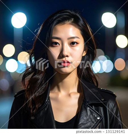 A black leather jacket that stands out in the night city, a powerful and sophisticated beauty 131129141