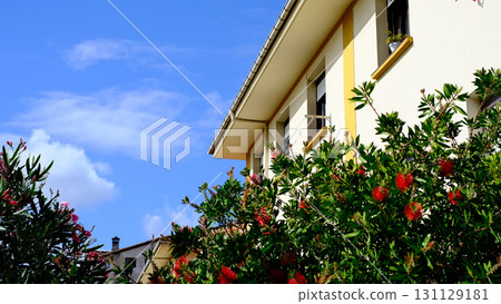 A vibrant, low-angle shot of a building with bright, yellow siding and a sloped roof. 131129181