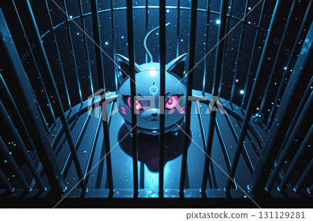 Cyberpunk cat in cage. A futuristic cat with a robotic appearance, featuring glowing pink eyes and sleek metallic body, is confined within a cage. 131129281