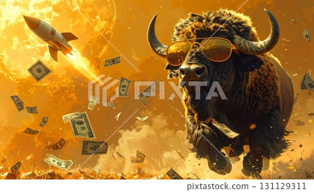 一頭戴著墨鏡的公牛在鈔票堆中奔跑,一枚火箭飛過 一頭戴著墨鏡的公牛在鈔票堆中奔跑,一枚火箭飛過 131129311