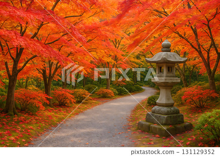Autumn foliage path and stone lantern in a Japanese garden 131129352