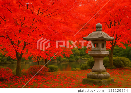 日式花園中的秋葉和石燈籠，俯瞰池塘和橋樑 131129354