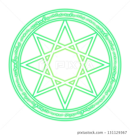 透明背景上綠色發光的魔法圈和魔法字母 131129367