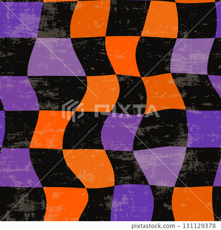 Wavy Halloween seamless vector pattern, Orange, purple and black warped plaid textured background 131129378