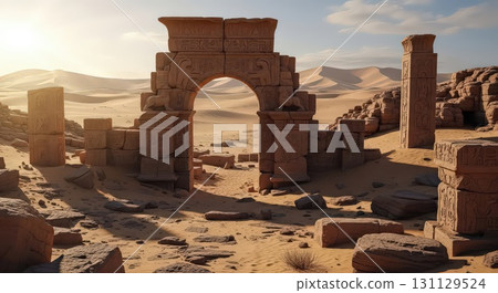 Ancient Stone Archway in Desert Landscape - Ai Generated 131129524