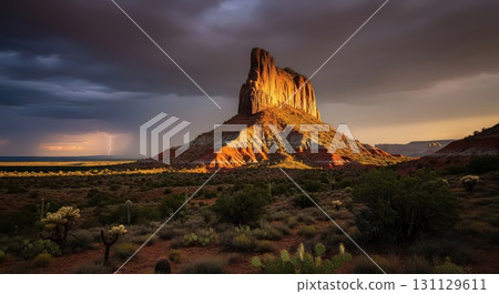 Dramatic Rock Formation Under Stormy Sky - Ai Generated 131129611