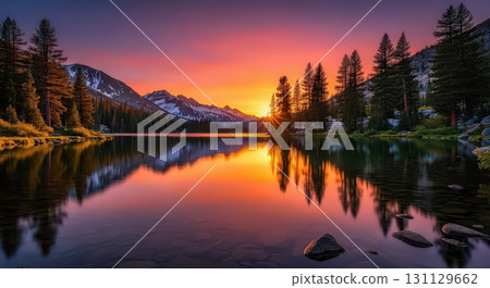 Serene Lake at Sunset With Mountain Reflections - Generative Ai Serene Lake at Sunset With Mountain Reflections - Generative Ai 131129662
