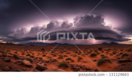 Dramatic Thunderstorm Over Desert Landscape - Ai Generated Dramatic Thunderstorm Over Desert Landscape - Ai Generated 131129663