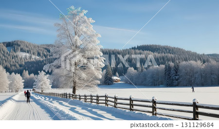 Serene Winter Landscape With Snow-Covered Path and Frosted Trees - Ai Generated 131129684