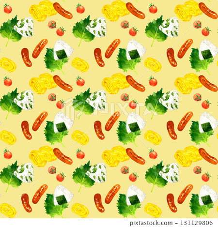 Seamless pattern of classic bento rice balls and side dishes - hand-drawn watercolor illustration background material Seamless pattern of classic bento rice balls and side dishes - hand-drawn watercolor illustration background material 131129806